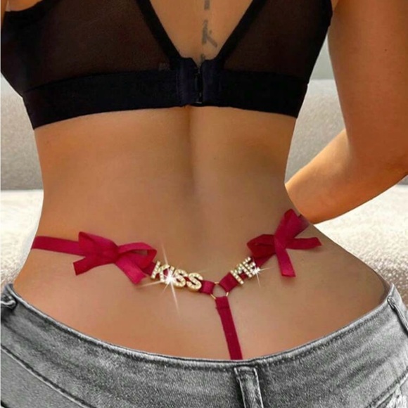 Bow Decor Letter Rhinestone Sexy Thong color Burgundy 6 MEDIUM - Picture 4 of 5
